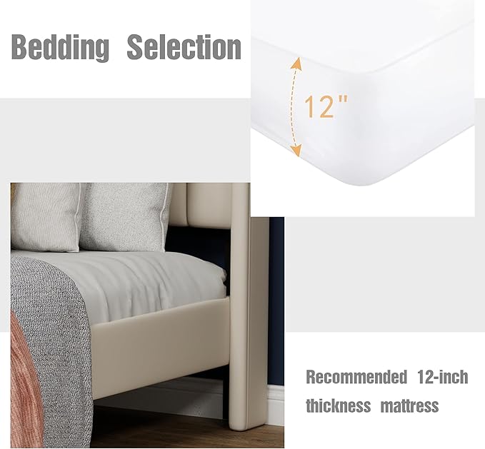 Upholstered Platform Twin Size Bed Frame with Headboard Wooden Slats Support No Noise Easy Assembly Beige Velvet