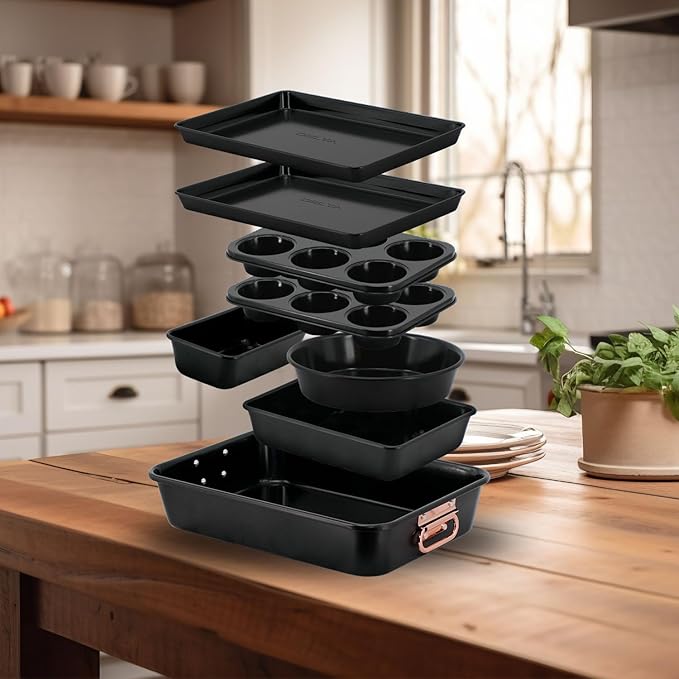 Nonstick Ceramic Bakeware Set – 8 Piece Baking Pans Set, Oven Safe to 450°F, Includes Muffin Pans, Cookie Sheets, Loaf, Roaster, Round & Square Pans, BPA-Free