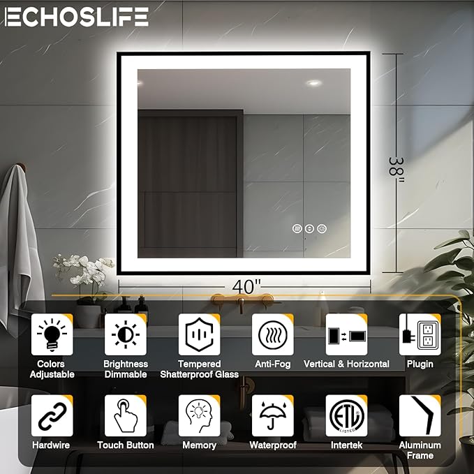 40x38 Lighted Mirrors for Bathroom Wall - Black Aluminum Framed (Front and Backlit), Anti-Fog LED Vanity Mirror, Shatter-Proof Lighted Mirror, 3 Colors Memory Mirror (Horizontal/Vertical)