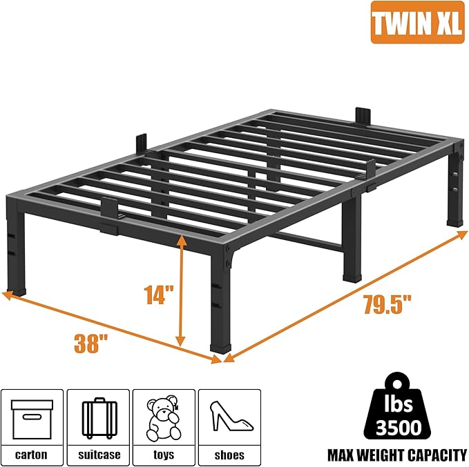 FUIOBYVV Twin XL Bed Frames 14 Inch Heavy Duty Metal Platform Bed Frame Twin Size Support Up to 3500 lbs, No Box Spring Needed/No Shaking/Steel Slat Support/Noise Free/Easy Assembly