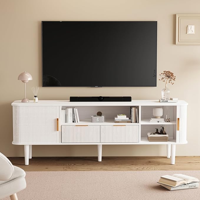 TV Stand 62.4 Inch Mid Century Modern Media Console Table with Drawer Sliding Tambour Door Farmhouse Sideboard Buffet Cabinet Fits TVs up to 75 inch Fluted Wood Entertainment Center(White)