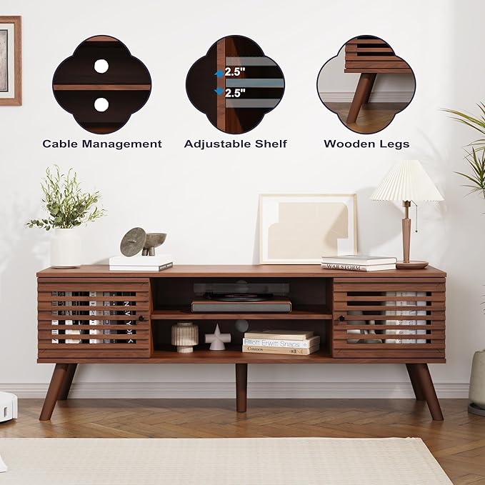 53" Mid Century Modern TV Stand for 50/55/60 inch TV, TV Media Console with Slatted Doors for TVs up to 60", Entertainment Center with Storage for Living Room, Bedroom, Walnut