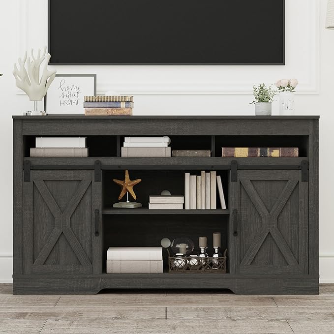 Farmhouse TV Stand for 65+ Inch TV, 34'' Tall Entertainment Center with Sliding Barn Doors, Rustic Wood Media Console Storage Cabinet Television Stand for Living Room, Bedroom (Dark Grey)