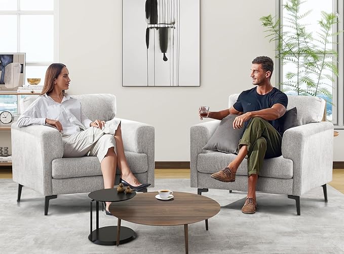 CDCASA Accent Chair, Linen Fabric Oversized Mid Century Modern Chair Set of 2, Comfy Upholstered Armchair Reading Accent Chairs Sofa Chairs for Bedroom Living Room, Light Gray