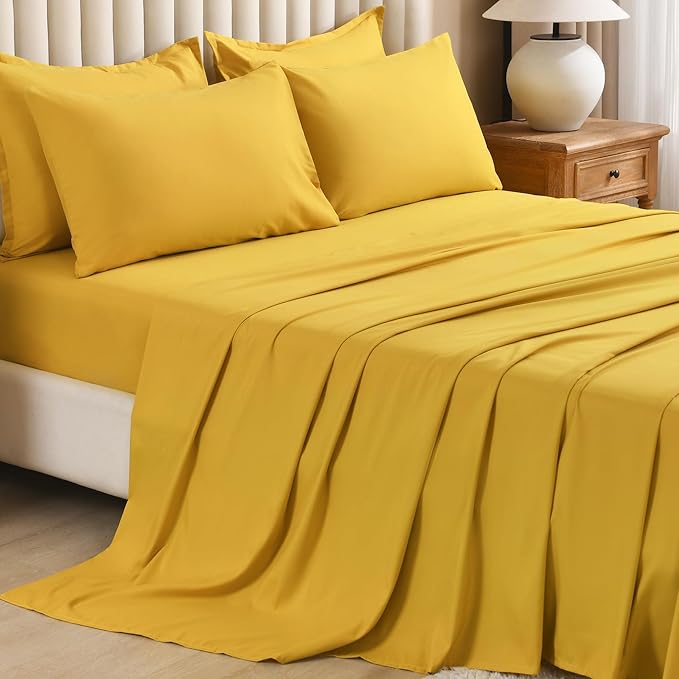 Litanika Comforter Full Size Set Mustard Yellow - 7 Pieces Bed in a Bag Full Bedding Comforter Sets, Plain Lightweight Bed Set with Comforter, Sheets, Pillowcases & Shams