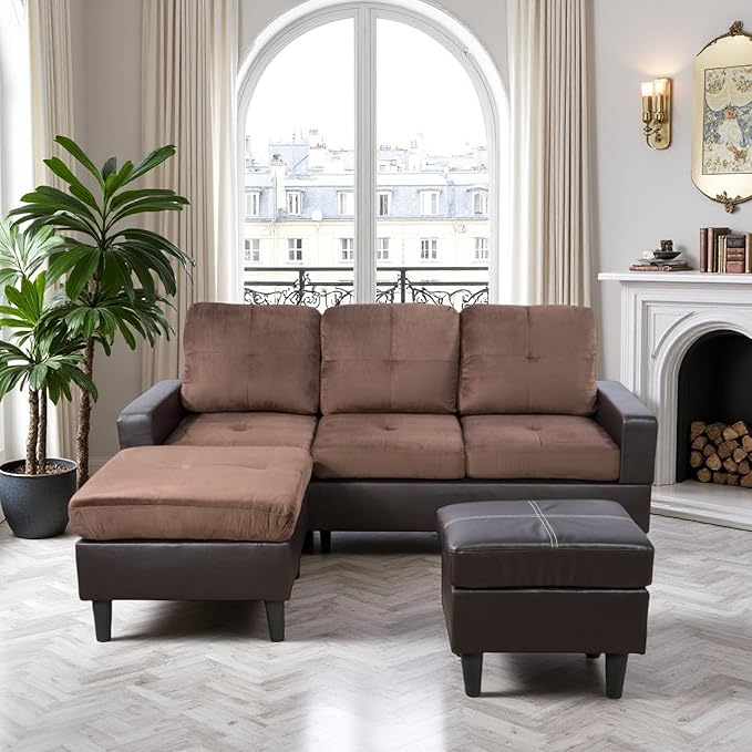 L Shaped Sofa with Ottoman, Modern Faux Leather Couch with Chaise, 3 Seat Living Room Sofa Set with Solid Wood, for Home, Apartment, Study Room, Brown Chocolate