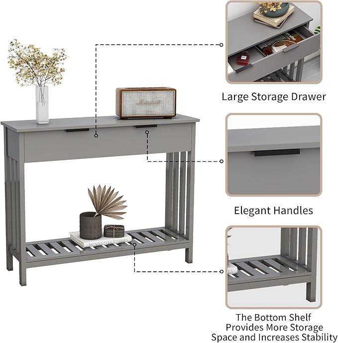 Entryway Table Console Table with Drawer and Storage Shelf, Narrow Sofa Table Entrance Enter Way Hallway Foyer Behind Couch Table (Gray with Drawer)
