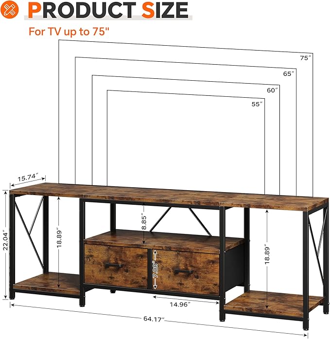 Homeiju TV Stand for TVs up to 75 Inch, Entertainment Center with Fabric Drawers, TV Media Console Table with Open Storage Shelves for Living Room, Bedroom, Rustic Brown