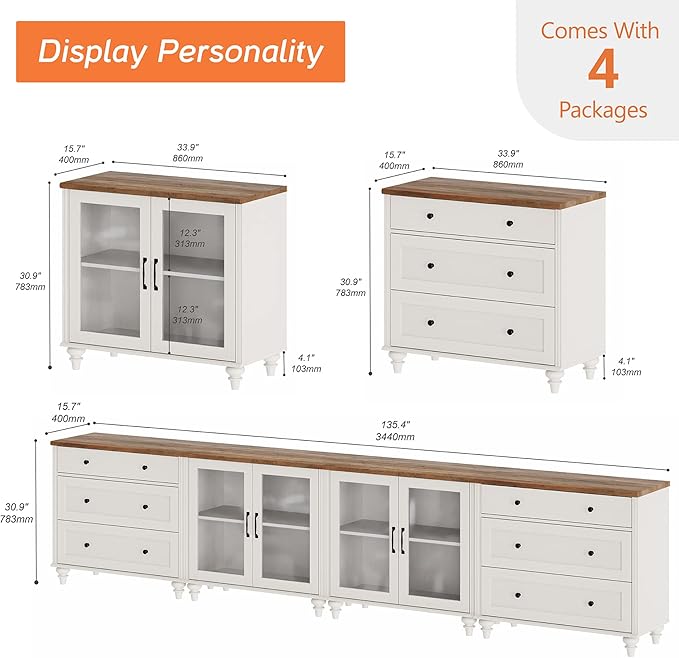 Wampat Modern TV Stand for TVs up to 110 inch, 4 in 1 Entertainment Center with Storage Cabinets and 4 Glass Door, Media Console with 6 Drawer Dresser for Living Room, White