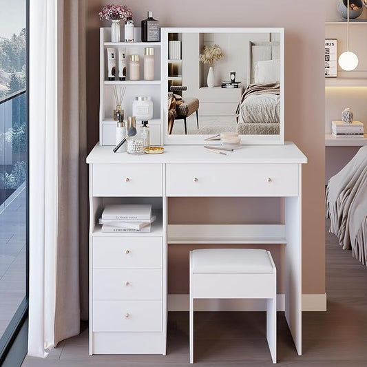 37" Vanity Desk with Mirror, Makeup Table with Sliding Mirror, Dressing Table with Multi Layer High Capacity Storage, Vanity Set with 6 Drawers and Stool for Bedroom, White