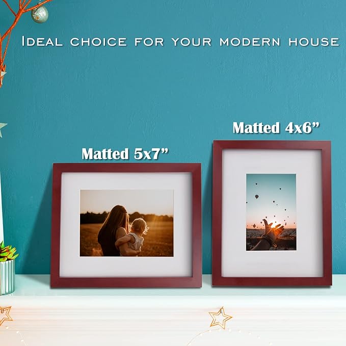 Egofine 8x10 Picture Frame Made of Solid Wood, Covered by Plexiglass for Pictures 4x6 or 5x7 with Mat or 8x10 Without Mat, Photo Frame for Table Top and Wall Display, Cherry Red