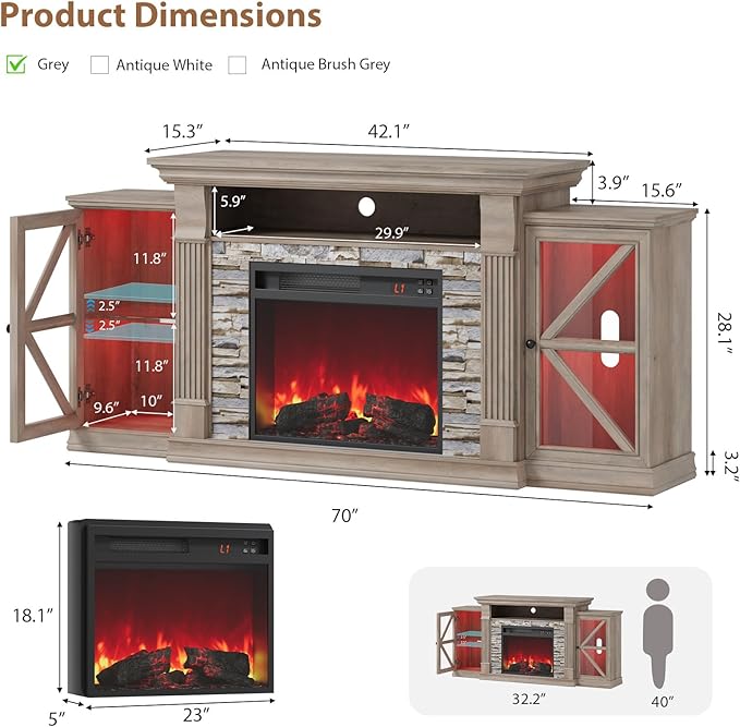 QUW Electric Fireplace TV Stand, 70" Farmhouse Entertainment Center with Open Shelf and Glass Barn Door Cabniet, Modern TV Console Table with 7 Flame Colors for Living Room, Grey