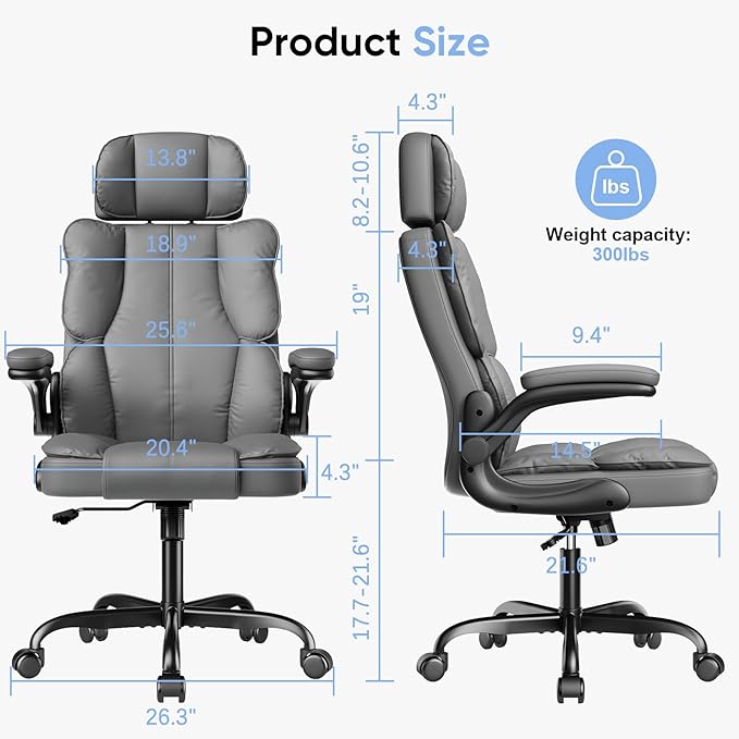 Executive Leather Office Chair, Computer Chair with Thick Cushion & Lumbar Support, Ergonomic Desk Chair with Adjustable Headrest & Armrests,Grey