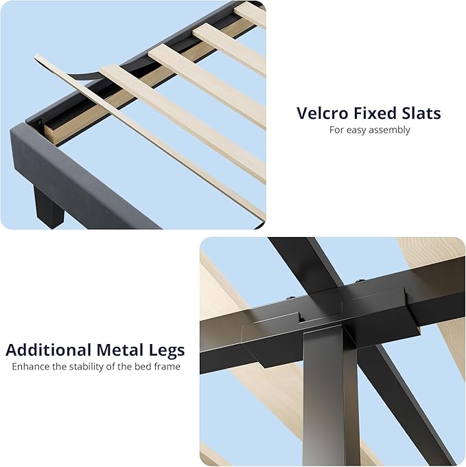 Cozy Castle Full Size Bed Frame, Upholstered Platform Bed with Velvet Adjustable Curved Headboard, Mattress Foundation with Strong Wooden Slats, No Box Spring Needed, Easy Assembly, Gray