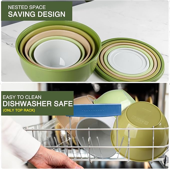 5-Piece Plastic Mixing Bowls with Lids Set for Kitchen, Nesting Bowls for Mixing, Baking, Prepping, Cooking and Serving Food, Mixing Bowls Dishwasher, Microwave Safe (5 Set-Green)