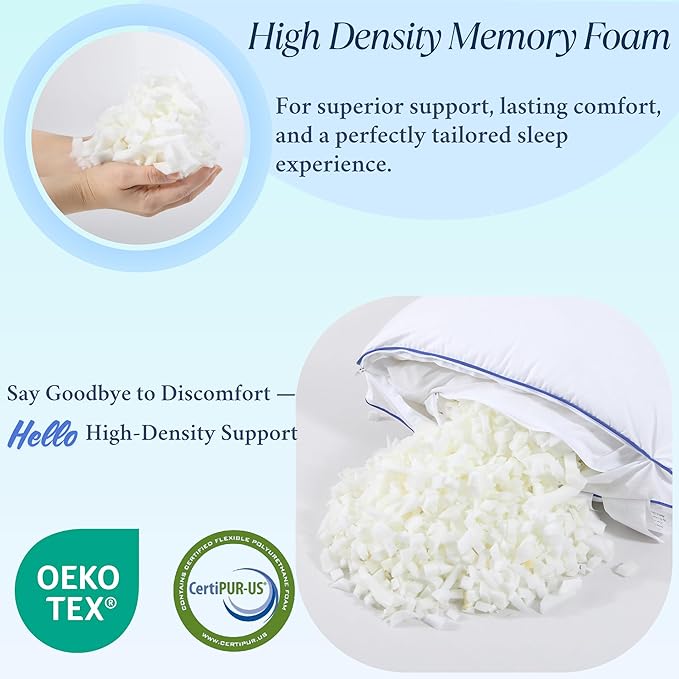 Adjustable Premium Memory Foam Pillow, Standard Set of 2-26x18 inches, 400 TC Organic Cotton Cover with Down Alternative Plush Padding, Designed for Stomach, Back, & Side Sleepers