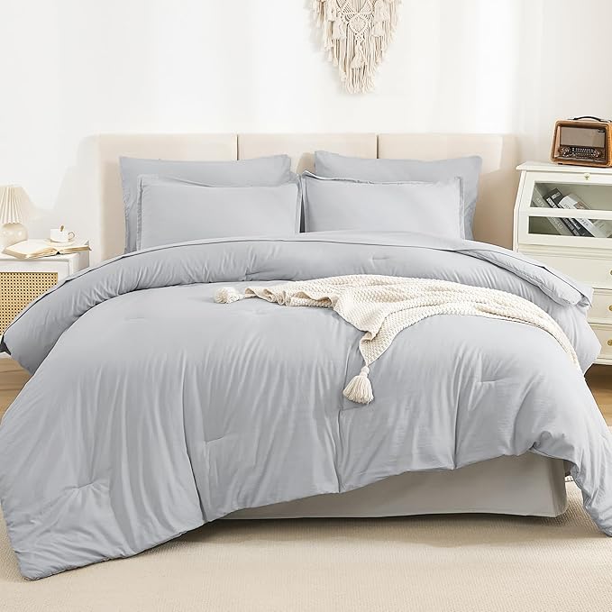 Litanika Twin/Twin XL Size Comforter Sets Grey Light Grey - 5 Pieces Bed in a Bag Twin/Twin XL Bedding Comforter Sets, Solid Lightweight Bed Set with Comforter, Sheets, Pillowcase & Sham