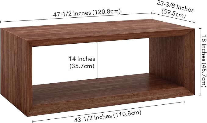 Henn&Hart 48" Rectangular Wood Coffee Table with Open Storage Shelf for Living Room, Family Room, or Office, Satin Walnut