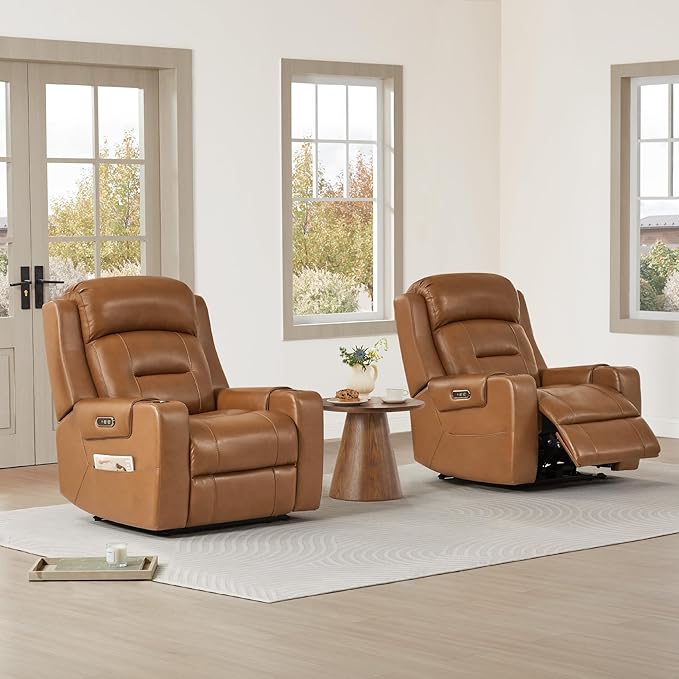 Watson & Whitely Genuine Leather Power Recliner Chairs for Adults, Lay Flat Recliner with Power Headrest, USB Ports and Cup Holders, Electric Reclining Sofa for Living Room, Bedroom, Saddle Brown