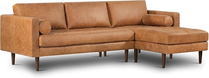 Poly & Bark Napa Leather Couch - Right Facing Sectional Sofa with 2 Bolsters - Full-Grain Leather Sofa for Living Room with Feather-Down Topper - Corner Couch - Vintage Italian Leather in Cognac Tan