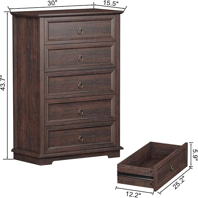 5 Drawer Dresser, Chest of Drawers with Double Anti-Tip, Modern Tall Dresser Organizer for Bedroom, Living Room & Hallway – Easy Assembly Storage Cabinet, Espresso