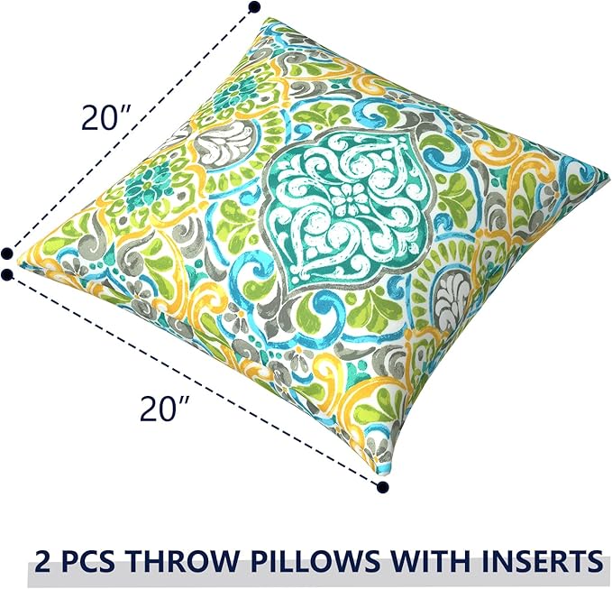 Outdoor Pillows for Patio Furniture 20x20 inch, Square Outdoor Throw Pillows with Inserts, Decorative Patio Pillows for Garden Couch Home Sofa Office Chair, Pack of 2,Damask Green