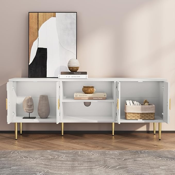 HLR 63'' White TV Stand for 65/70/75 inch TV, Entertainment Center with Storage Cabinets and Embossed Pattern Doors, Mid Century Modern Media TV Console Table for Living Room Bedroom