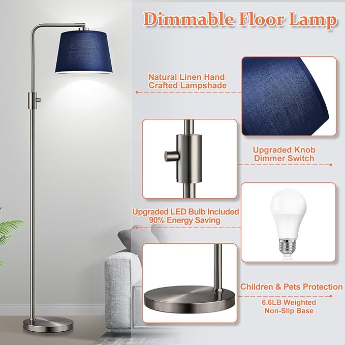 Dimmable Floor Lamp, 1000 Lumens LED Edison Bulb Included, Brushed Nickel Arc Standing Tall Floor Lamp with Blue Shade for Living Room Bedroom Office Dining Room
