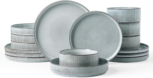 Famiware Star Dinnerware Set with Pasta Bowls, Service for 4 (16pcs), Ribbed Stoneware Plates and Bowls Dishes Sets - Chip & Scratch Resistant, Microwave & Dishwasher Safe, Smoky Blue