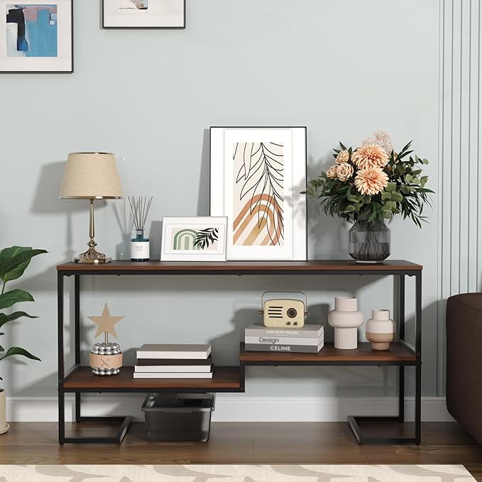 TV Stand for TV up to 60 Inch, TV Console Table with Open Storage Shelves, Industrial Media Entertainment Center for Living Room, Bedroom, Brown and Black