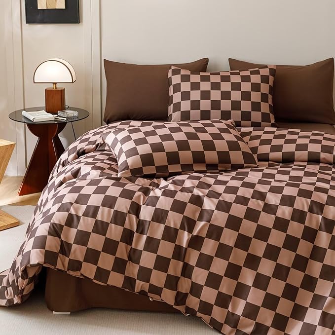 Luxlovery Brown Grid Comforter Set Full Brown Khaki Plaid Bedding Comforter Set Women Men Full Bed Soft Breathable Blanket Quilts Modern Geometric Coffee 3pcs Bedding Set
