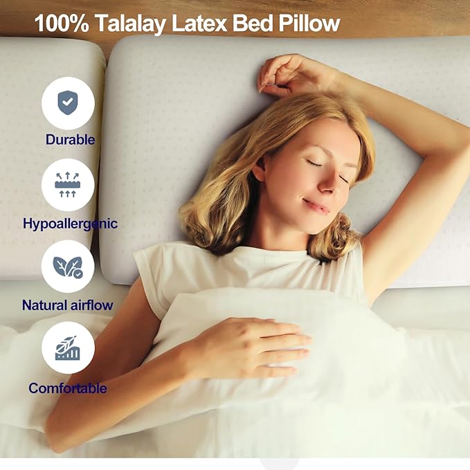 Latex Pillow, 100% Natural Talalay Latex Pillow with Removable Breathable Cotton Cover, Luxurious King Size Soft Bed Pillow for Side Back and Stomach Sleepers, Help Release Neck Pressure