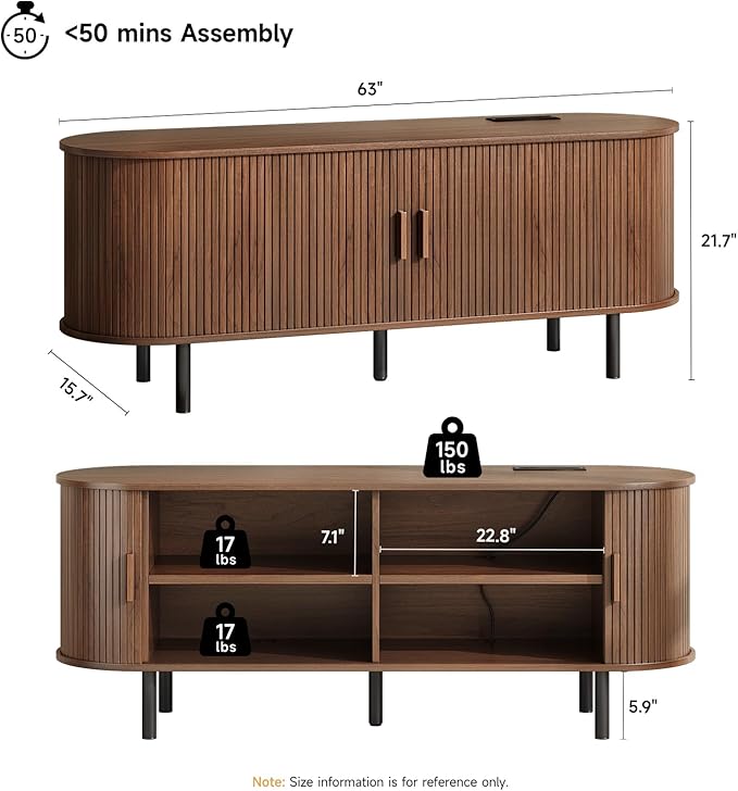 63" TV Stand with Power Outlet for TVs up to 70 Inch, Entertainment Center with Storage and Adjustable Shelves, Modern Media Console with Sliding Doors for Living Room, Walnut