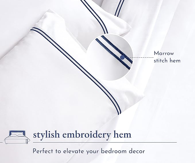 California Design Den Luxury King Size Sheet Set - 100% Cotton, 600 Thread Count Deep Pocket King Sheets, Hotel-Quality Bedding with Sateen Weave - White Embroidered Navy