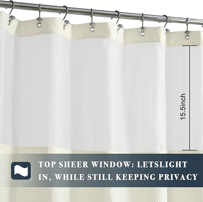 N&Y HOME Extra Long Cream Waffle Weave Shower Curtain with Snap-in Fabric Liner & Hooks Set - 71" x 84", Hotel Style & Mesh Top Window, Machine Washable - 71x84 Inches, Cream