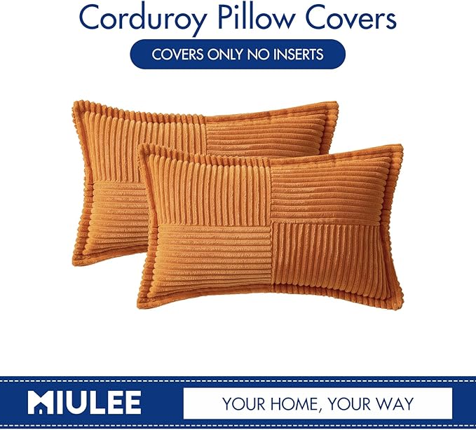 MIULEE Burnt Orange Fall Decorative Lumbar Throw Pillow Covers for Couch Bed Livingroom 12x20 Inch Set of 2 Boho Accent Throw Pllows Broadside Striped Patchwork Soft Corduroy Pillowcases