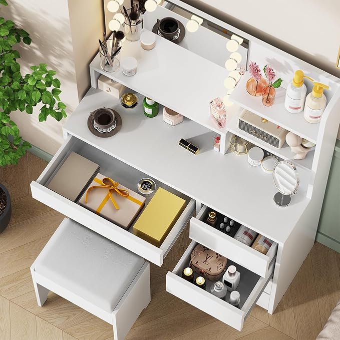 Vanity Desk with Mirror and Lights, 37-Inch Wide Makeup Vanity with Upholstered Vanity Stool, 5 Drawers Makeup Table with Lighted Mirror, 3 Lighting Modes Brightness Adjustable for Bedroom, White