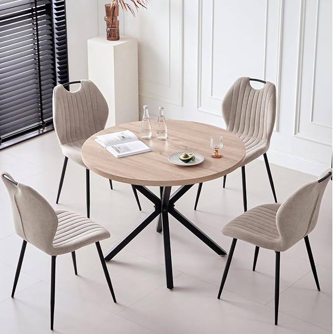 39" Round Dining Table Set for 4, Mid Century Kitchen Table with 4 Fabric Upholstered Dining Chairs for Apartment Living Room Space Saving