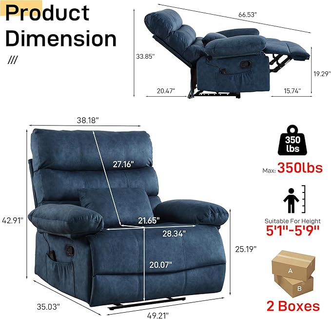 Oversized Recliner Chair Extra Wide Large Recliner for Adults 350lbs with Lumbar Support Pillow Nursery Chair Living Room (Manual, BLUE-6002)