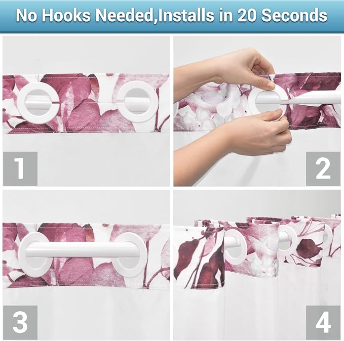 No Hook Shower Curtain with Snap in Liner - Eucalyptus Shower Curtain - Washable Waterproof Inner Liner, Plants Burgundy Leaves Modern Shower Curtains - Machine Washable, 71 x 74