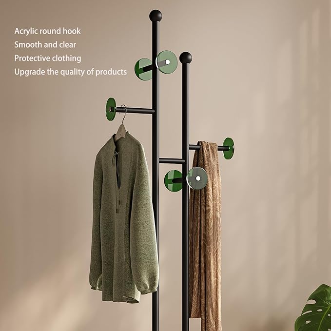 Standing Coat Rack with Marble Base & Round Acrylic Hooks Heavy Duty Clothes Hanger Rack Metal Coat Tree freestanding Hat Rack Stand for Clothes Hats Scarfs Purses