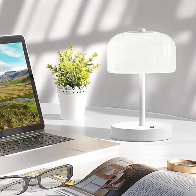 Oneach 9in Cordless LED Mushroom Table Lamp Touch 3 Way Dimmable Bedside Small Lamp Battery Operated Rechargeable Modern Nightstand Desk Lamp for Bedroom Living Room Restaurant White(2 Pack)