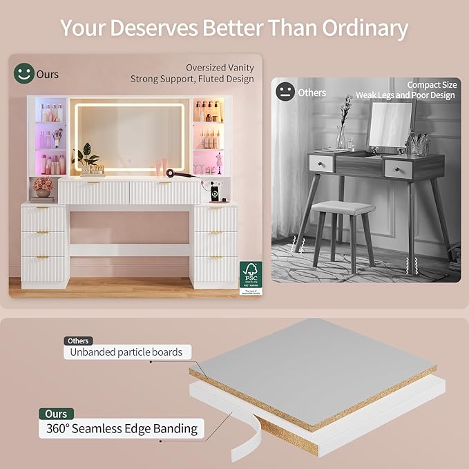 Big Vanity, 59.1" Fluted Wood Makeup Vanity Desk with Mirror and Sound Sync LED Lights, Large Vanity Dressing Table, 8 Drawers, 2 Glass Cabinets, with Charging Station for Girls, Women (White)
