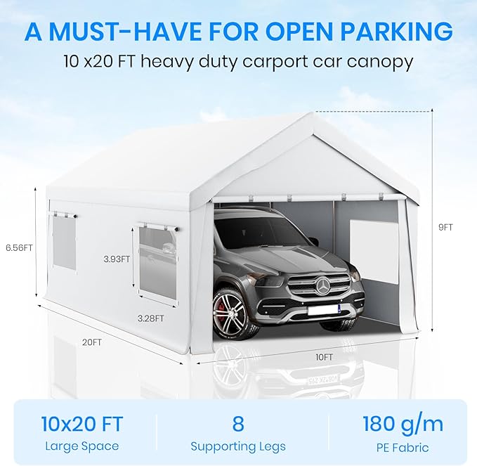 Carport 10x20 Heavy Duty Portable Garage,Carport Canopy with Roll-Up Windows & Doors,Portable Garage and Shelter with Removable Sidewalls,Car Tent Garage with All-Season Tarp for Bike Truck Lawnmower