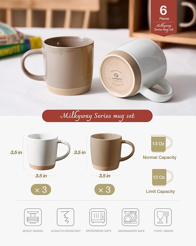 famiware Coffee Mugs for 6, 13 oz Mug Set, Dringking Cup with Handle for Coffee, Tea, Cocoa, Milk, Milkyway serise, White+Cinnamon Brown