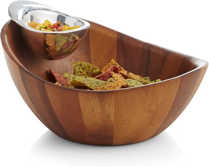 Nambé Harmony Chip & Dip Serving Bowl 12” x 6.5”, Acacia Wood with Removable Dip Dish for Chips & Salsa, Appetizers & Snacks, Party & Entertaining, Kitchen & Dining, Buffet & Snack Bowls
