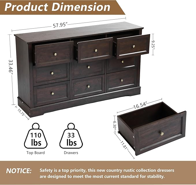 Farmhouse Dresser 9 Drawer, Bedroom Chest of Drawers, Dressers with 9 Drawers, Wooden Dressers for Bedroom, Living Room, Tv Stand, Entryway (Brown-9 Drawers)