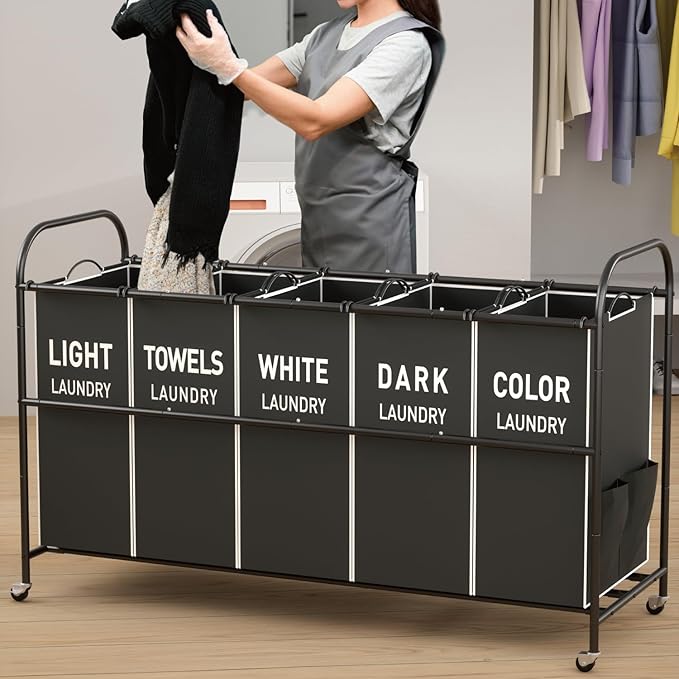 5-Section Laundry Sorter Cart, Large Laundry Hamper with Lockable Rolling Wheels, Versatile Storage Organizer with Removable Bags for Dirty Clothes, Black