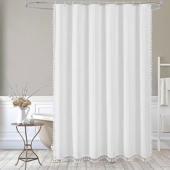 MitoVilla White Boho Farmhouse Small Stall Shower Curtain Set 36 x 72, Half Size Narrow Polyester Linen Fabric Shower Curtains for Farmhouse Bathroom Decor, White