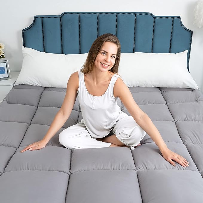 Cooling Mattress Pad Extra Thick Bed Topper Plush Pillow Top Hotel Quality Down Alternative Mattress Topper for Queen Bed, Queen Size, Grey